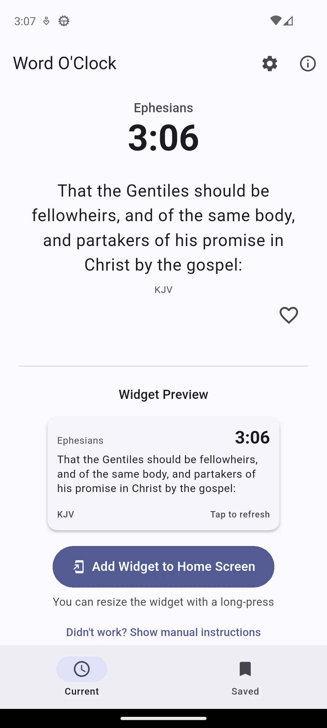 Word O’Clock at 3:06 showing Ephesians 3:6 in the King James Version, with a preview of the home screen widget below.