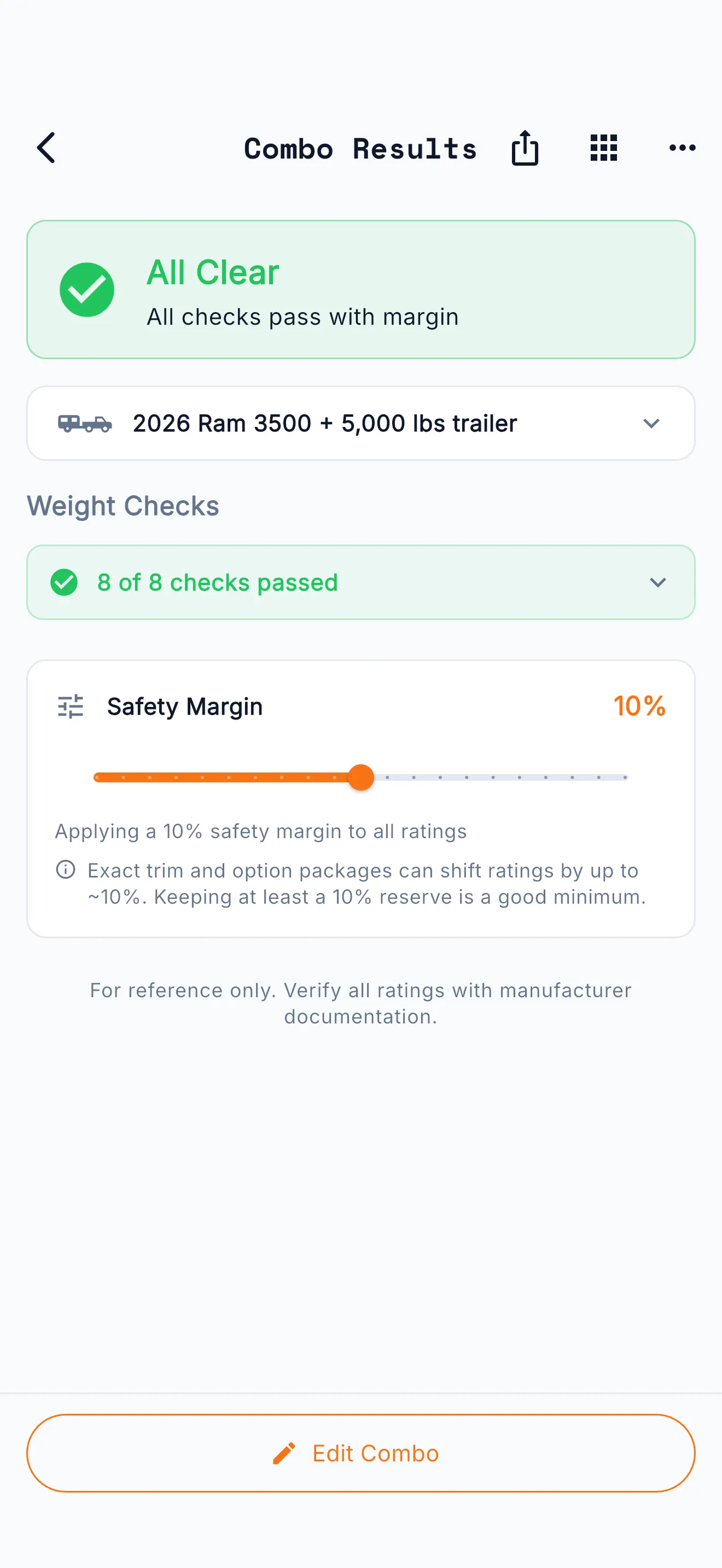 HitchMatch Combo Results for a 2026 Ram 3500 with a 5,000 lb trailer: All Clear, 8 of 8 weight checks passed, with a 10% safety margin applied.