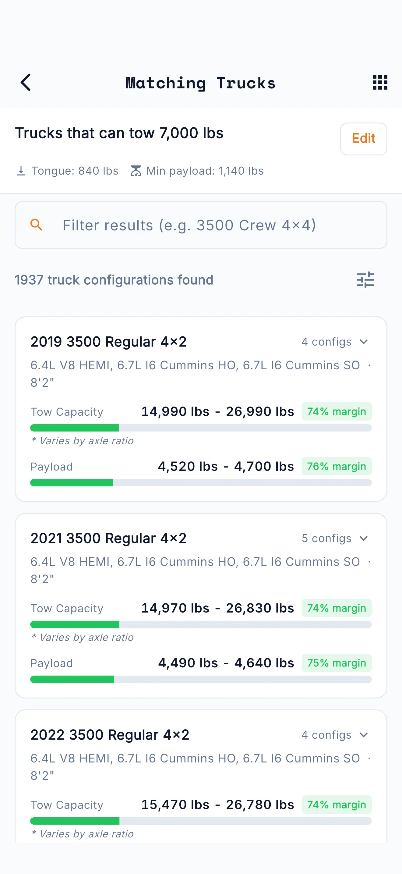 HitchMatch Matching Trucks for a 7,000 lb trailer: 1,937 truck configurations found, each with its tow capacity and payload margin.
