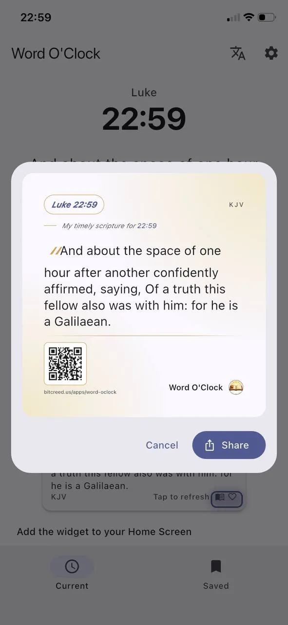 Word O’Clock on iPhone sharing Luke 22:59 as a card with the verse, its time and a QR code linking to the app page.
