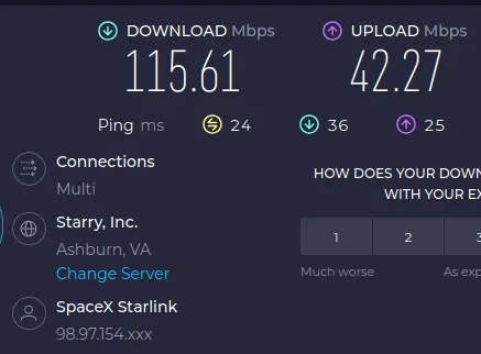 Speedtest.net benchmark result over the same Starlink connection