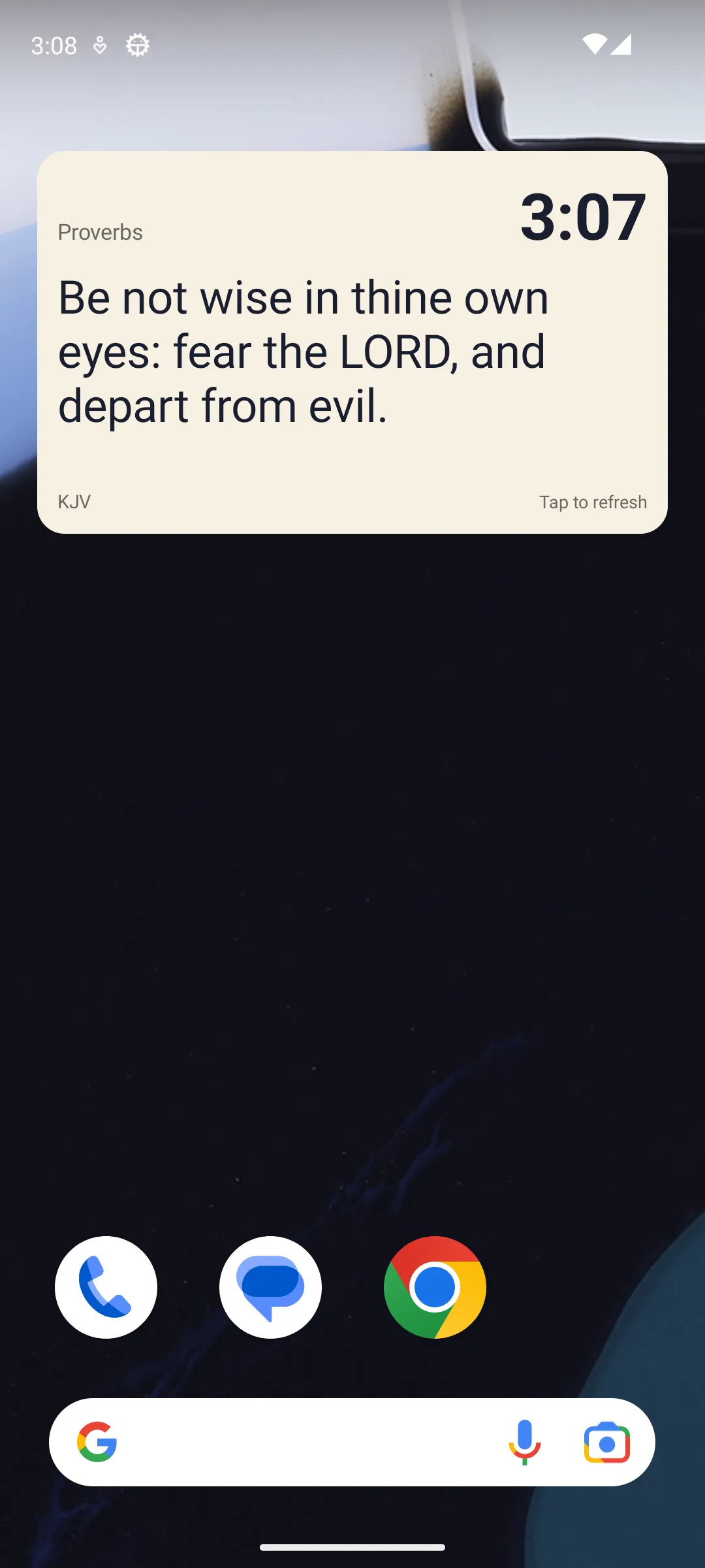 The Word O’Clock widget on an Android home screen at 3:07, showing Proverbs 3:7: “Be not wise in thine own eyes: fear the LORD, and depart from evil.”